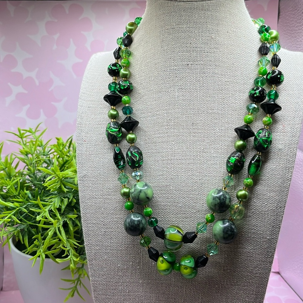 Up-cycled Japan two strand emerald green glass and stone beaded necklace